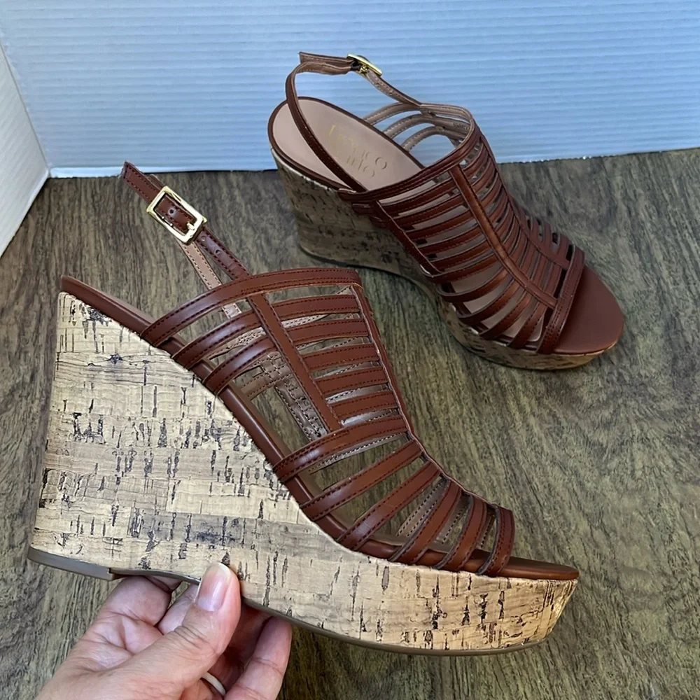 Franco Sarto Sombre Brown Cork Wedge Strap Platform Sandals Size 8.5